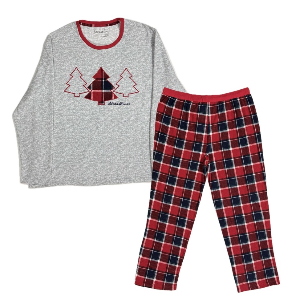 Eddie Bauer red navy plaid tree 2 piece pajama set men's XXL